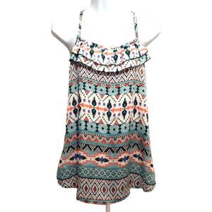 womens vintage boho blouse S turquoise red geometric bohemian ruffle tank